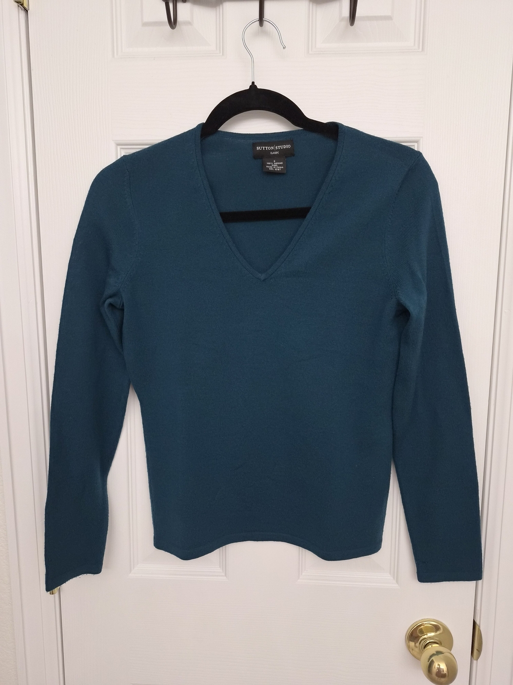 Sutton Studio 100% Merino Wool Teal V-Neck Knit Sweater